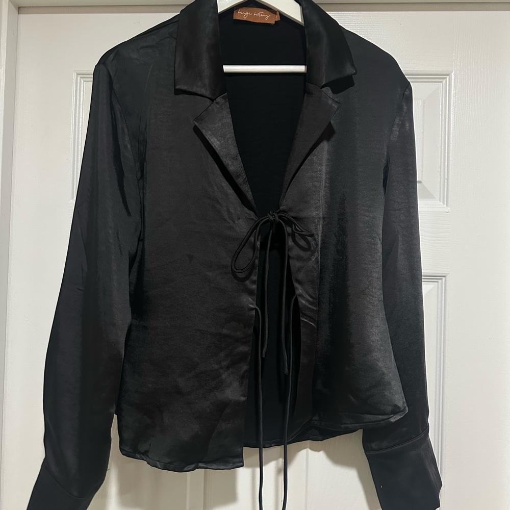 Black silk like tie front blouse